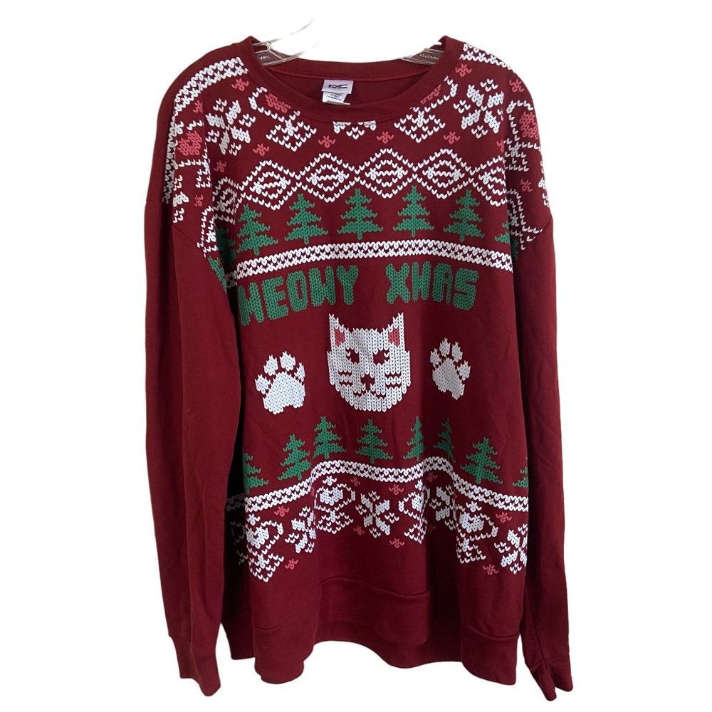 EXC Extreme Concepts Cat Meowy Xmas Ugly Sweater Light Weight Red XXL 2XL